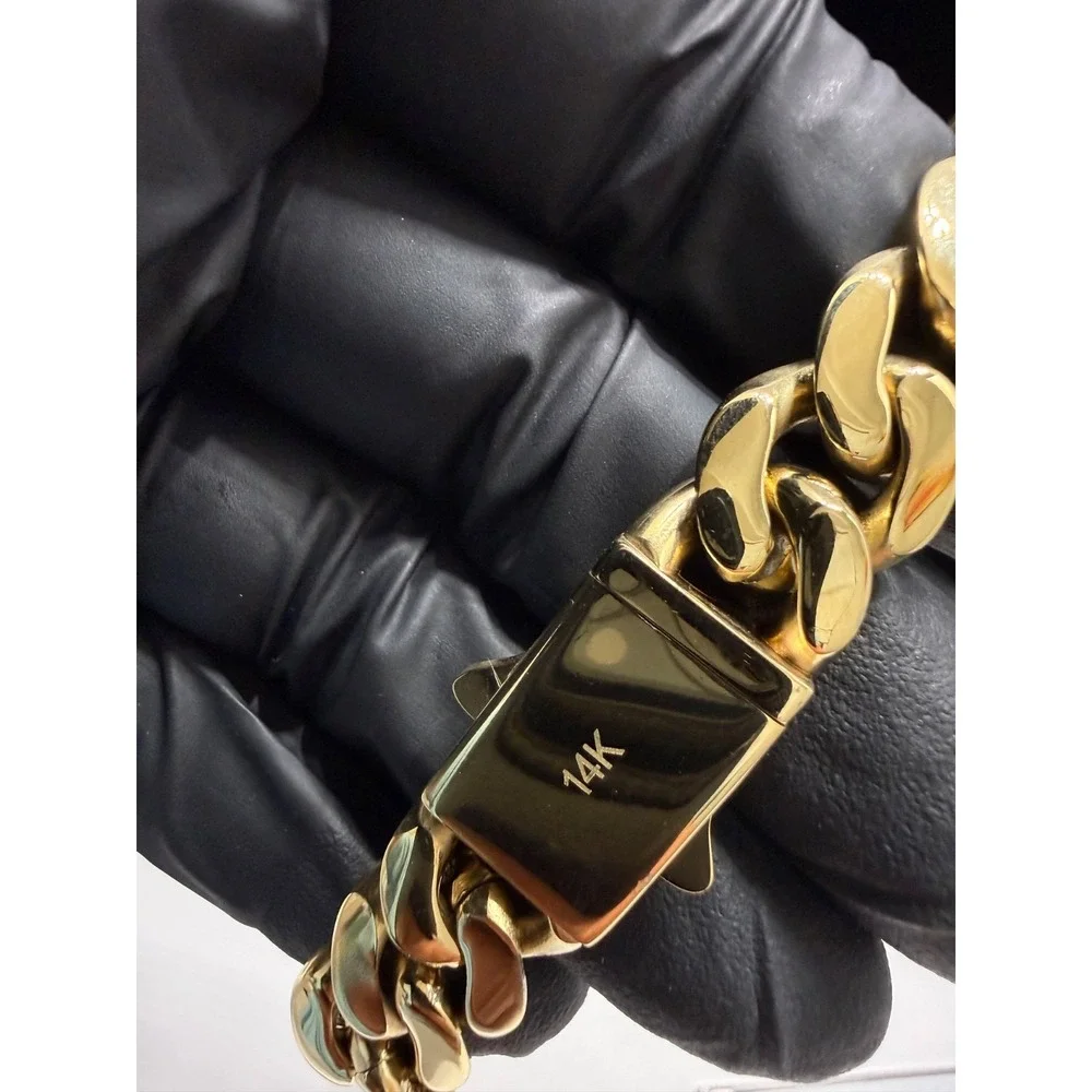 cuban bracelet 14k gold plated over stainless 8inch 14mm water resist lock clasp
